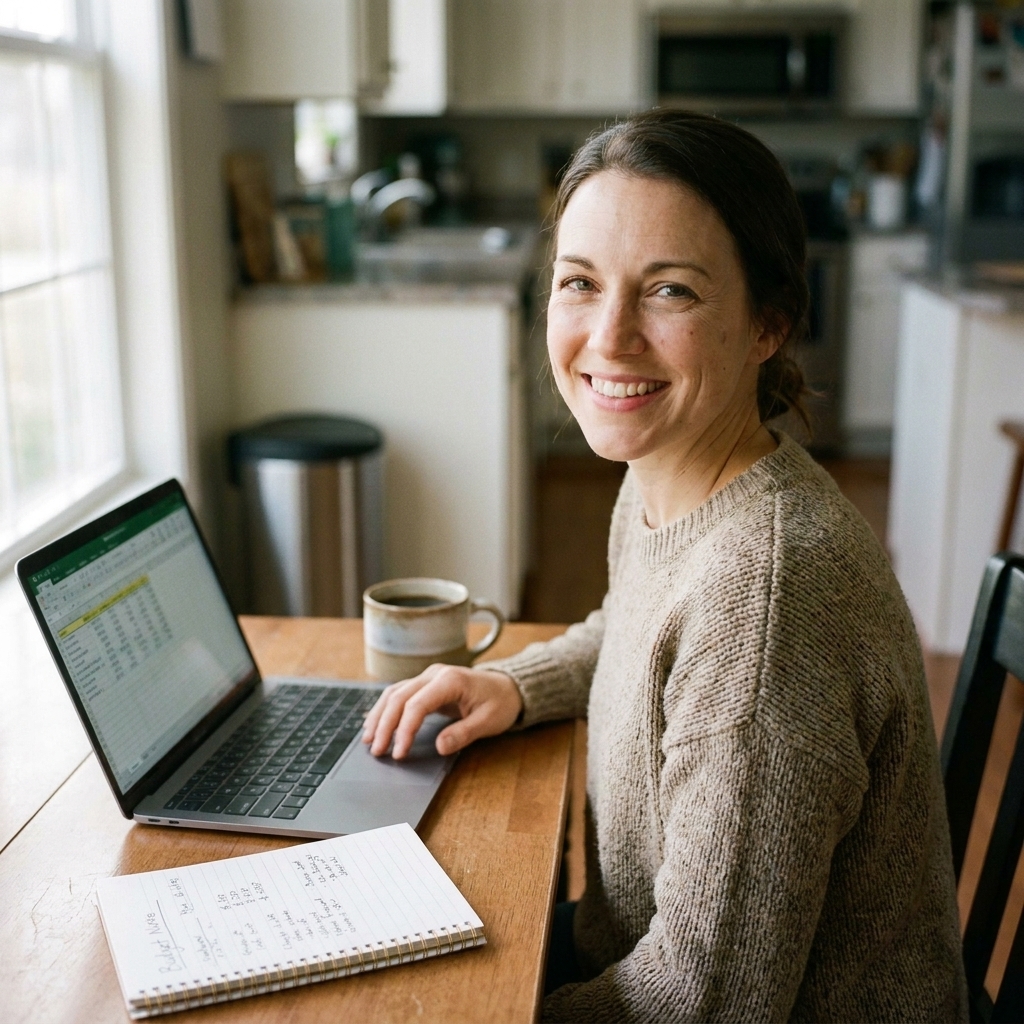 Piper Jackson doing her household budget at the kitchen table
